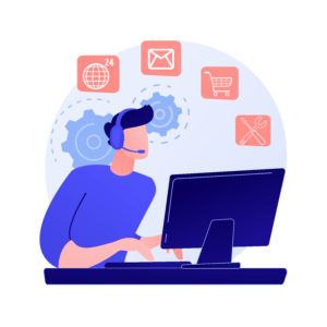 Graphic illustration - Noctidial technical support. Online assistant, user help, frequently asked questions. Call center worker cartoon character. Woman working at hotline. Vector isolated concept metaphor illustration