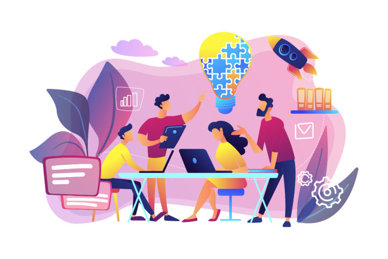 Graphic illiustration - team members brainstorm idea and lightbulb from jigsaw. Working team collaboration, enterprise cooperation, colleagues mutual assistance concept. Bright vibrant violet vector isolated illustration
